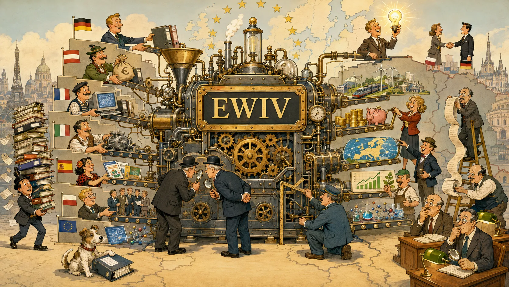 Business-Cartoon: Unternehmer aus Europa bündeln Ressourcen und Projekte in einer EWIV